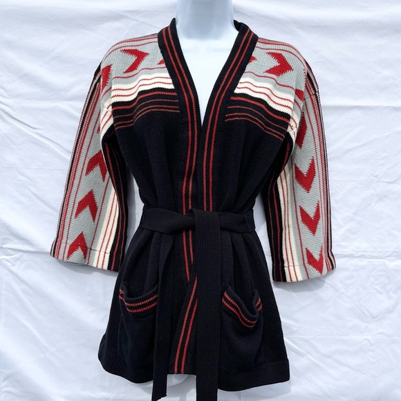 Vintage Sweaters - Vintage 70s Southwestern Striped Bell Sleeve Belted Wrap Cardigan Rust & Black